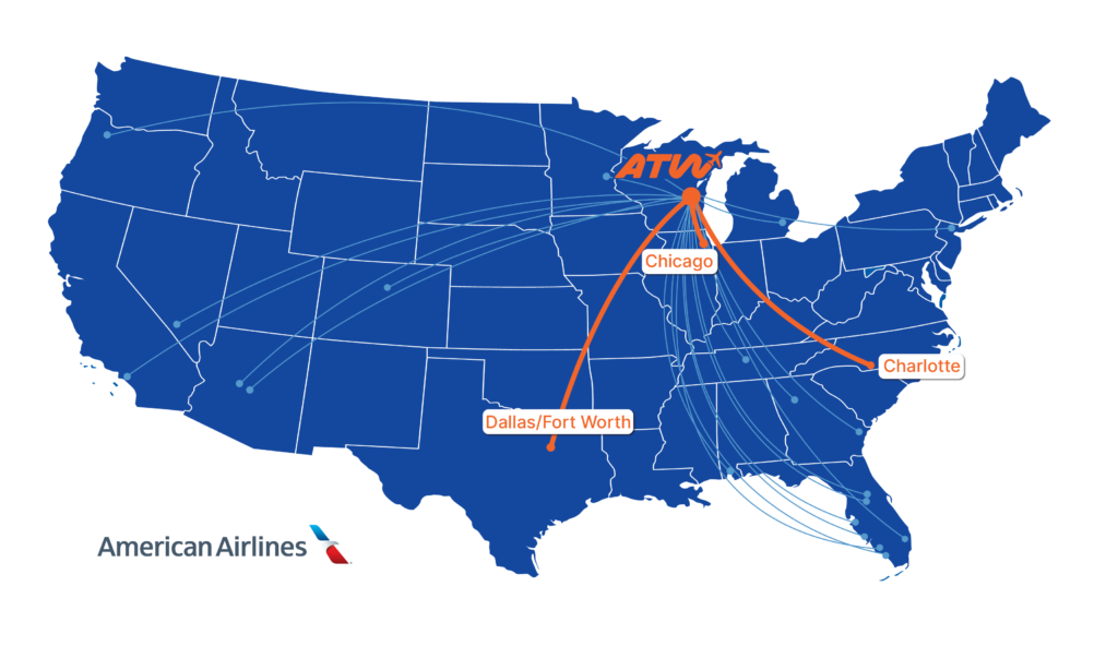 Route map showing Appleton to Chicago, Charlotte, and Dallas on American Airlines