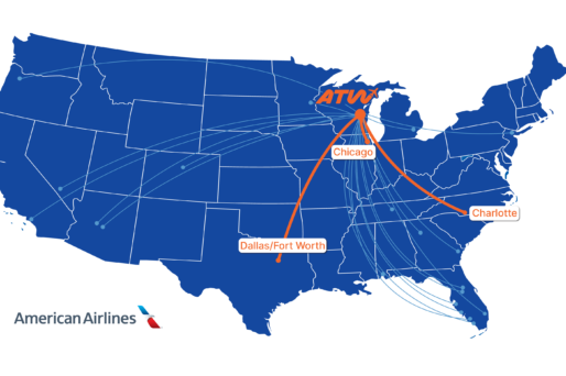Route map showing Appleton to Chicago, Charlotte, and Dallas on American Airlines