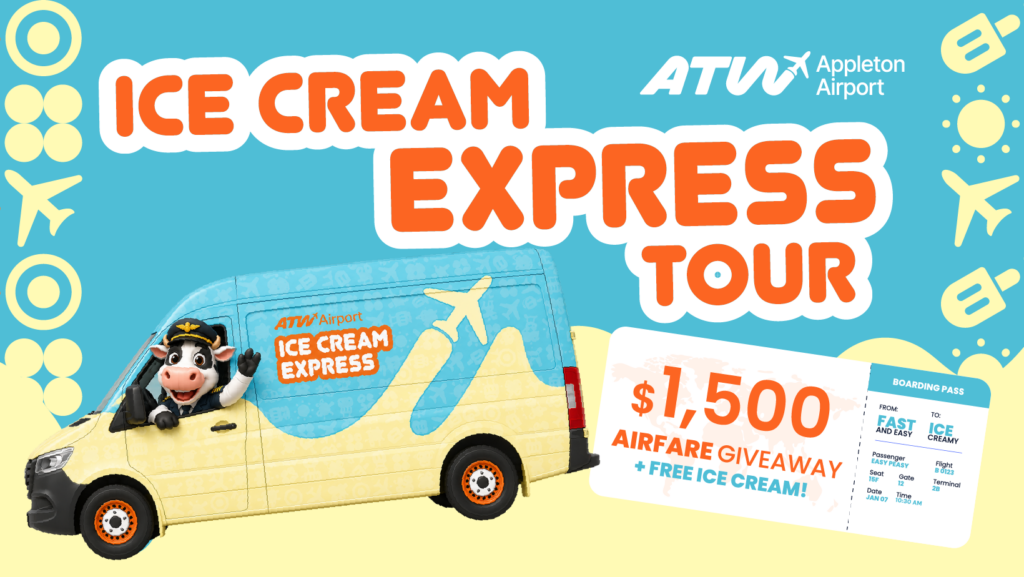 Ice Cream Express Tour with ice cream bus graphic and boarding pass saying $1,500 airfare giveaway