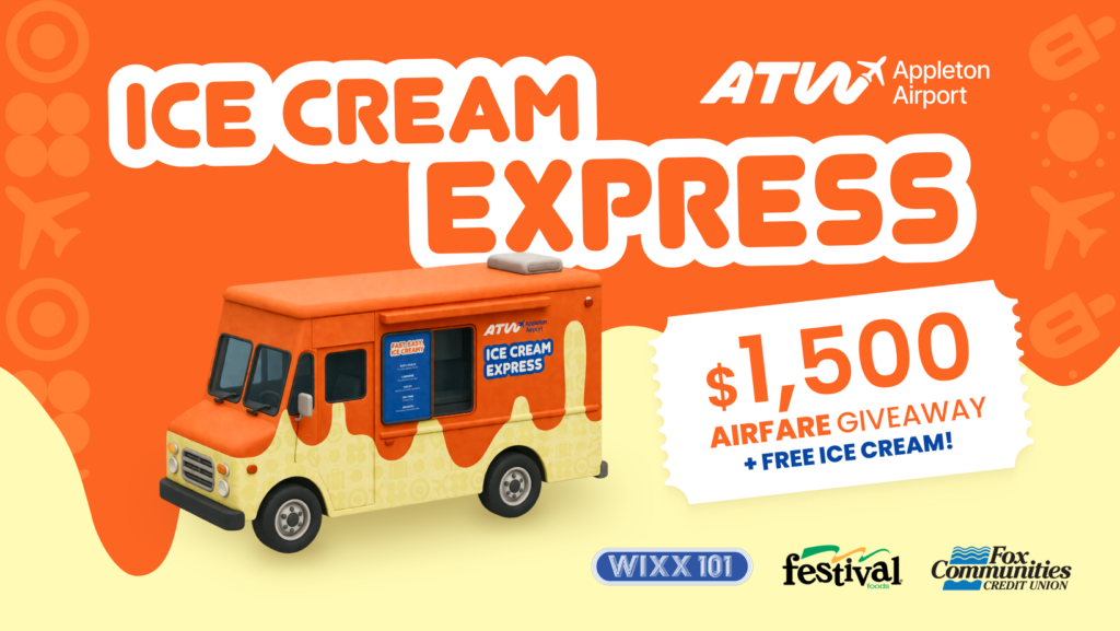 Ice Cream Express graphic showing the ice cream bus and logos of ATW, Festival Foods, WIXX, and Fox Communities Credit Union